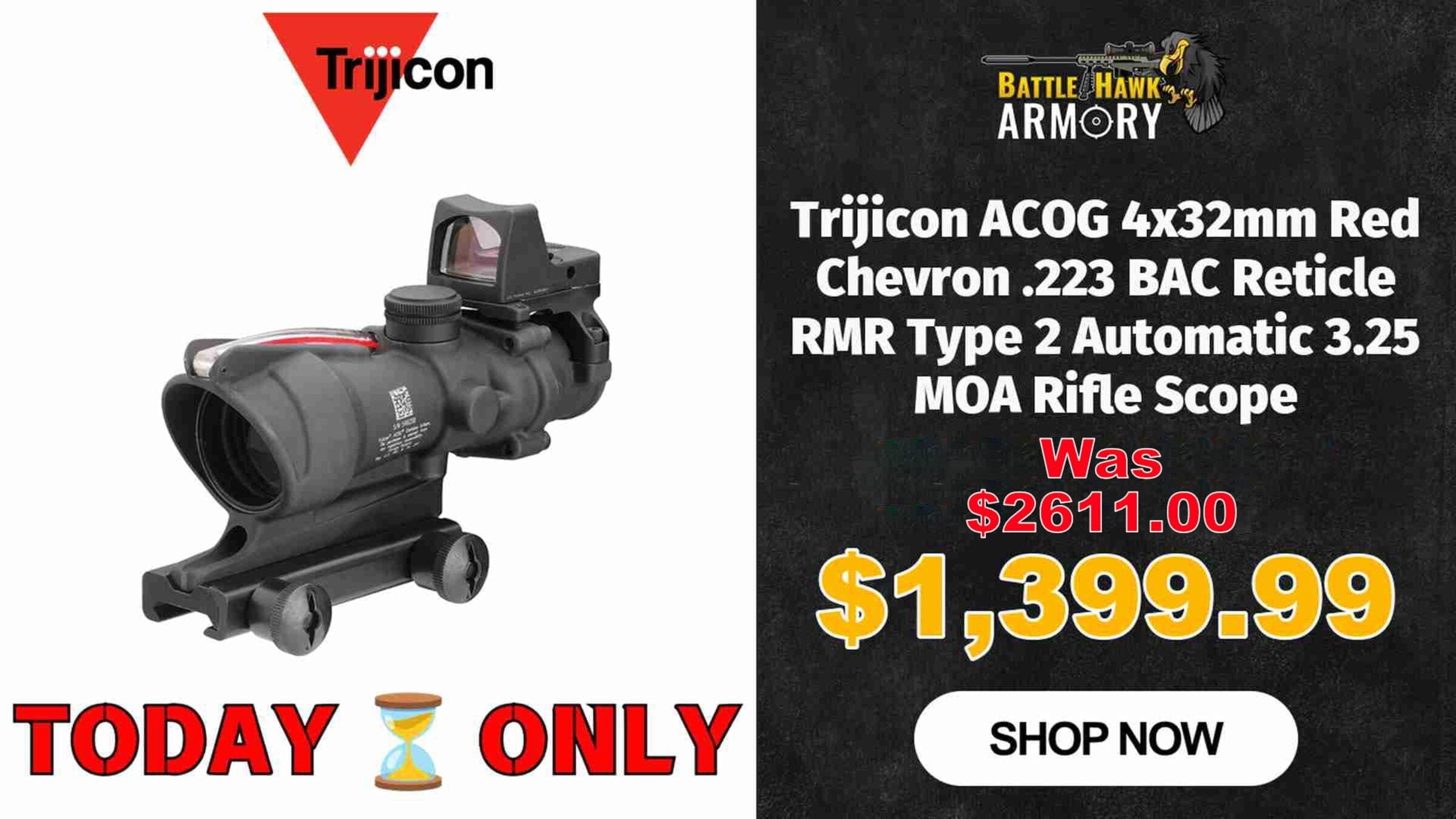 Trijicon Acog 4X32Mm Red Chevron .223 Bac Reticle Rmr Type 2 Automatic 3.25 Moa Rifle Scope