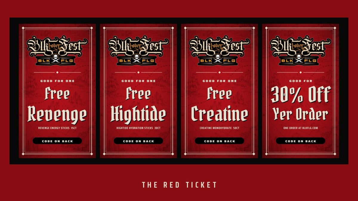 The red ticket. Open yer box, find out what you got. Free Revenge Energy Sticks 15ct, Free Hightide Hydration Sticks 30ct, Fr