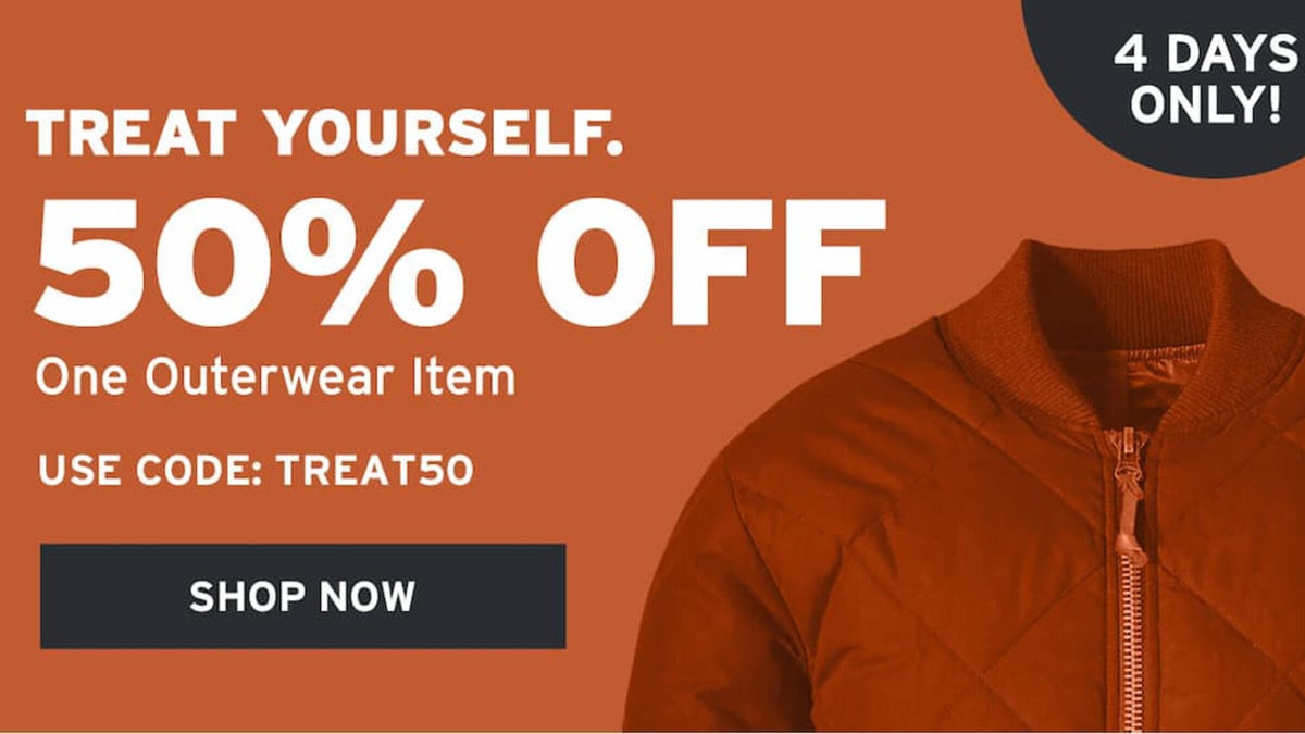50% off one outerwear item of your choice. Use code: TREAT50 at checkout.