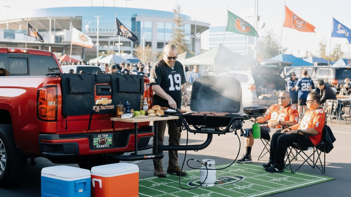 Tailgate scene with a HitchFire grill swung out from a truck hitch, food on the grate.
