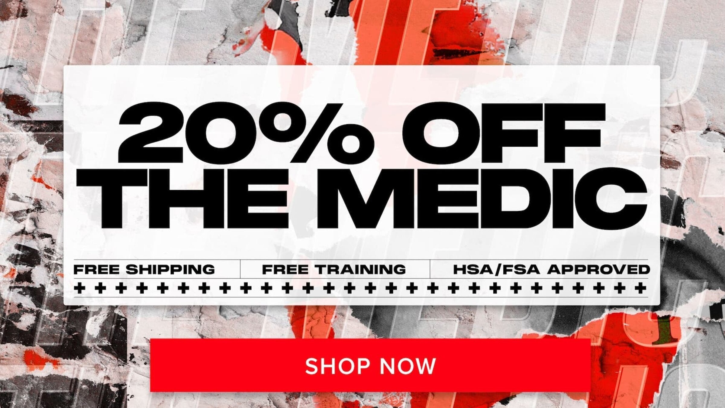 Red My Medic “The Medic” first aid backpack with headline “20% Off The Medic,” highlighting free shipping, free training, and HSA/FSA approval.