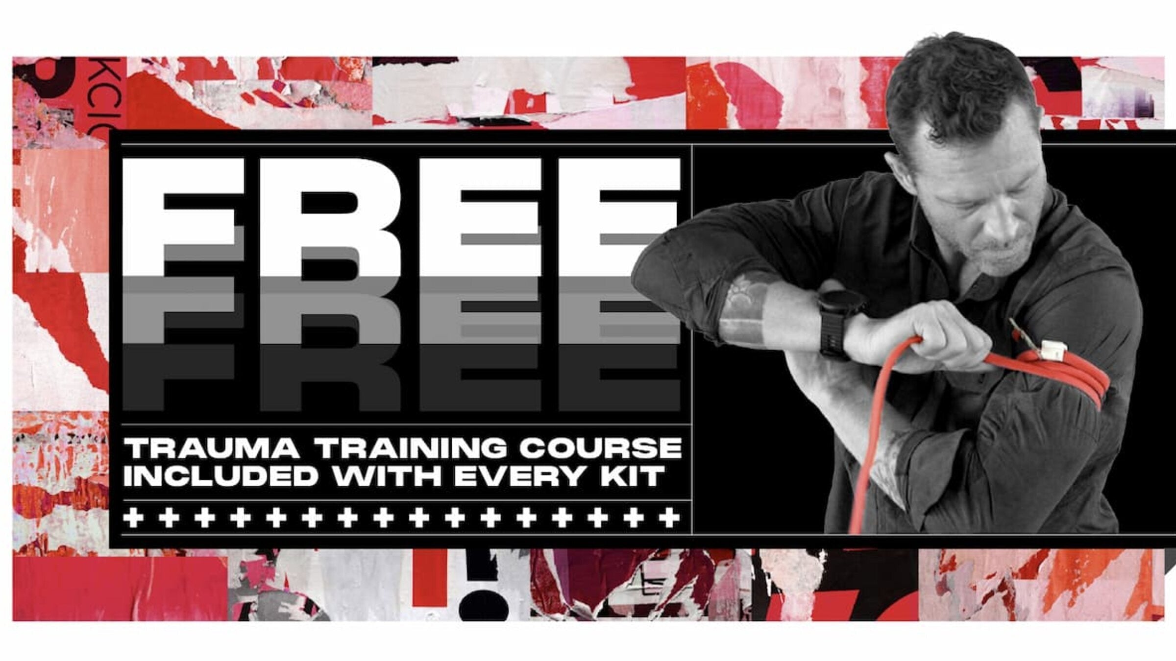 Emergency trauma training demonstration showing a man applying a tourniquet with text “Free Trauma Training Course Included W