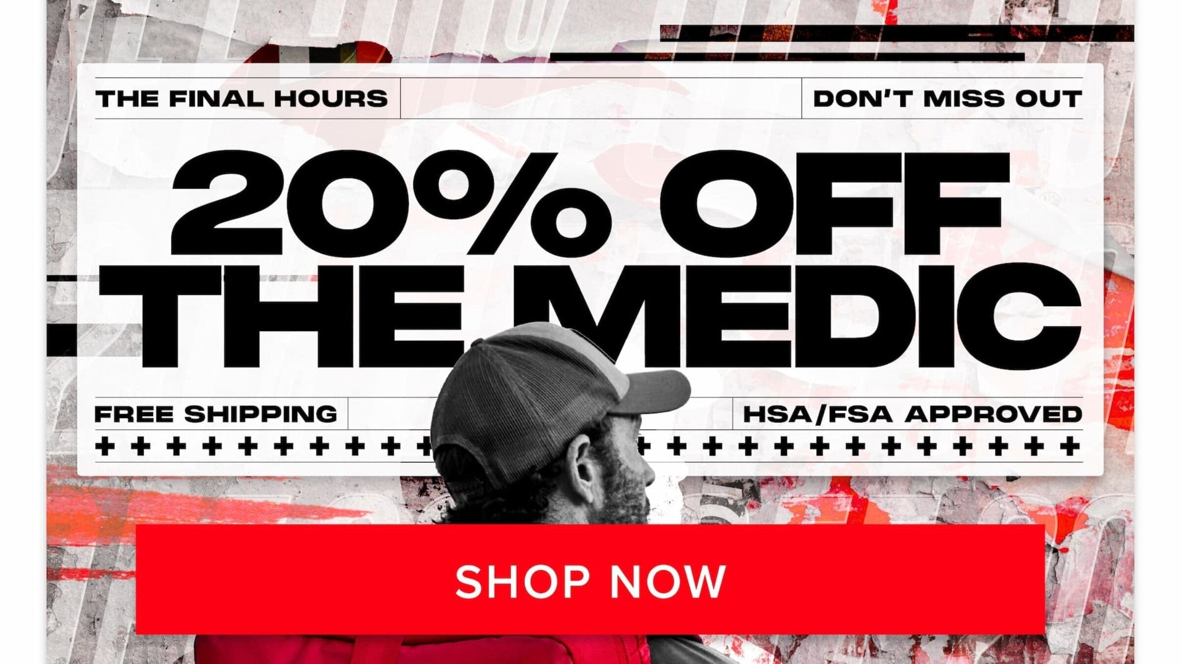 Promotion showing the My Medic “The Medic” trauma backpack with headline “20% Off The Medic,” emphasizing free shipping and H