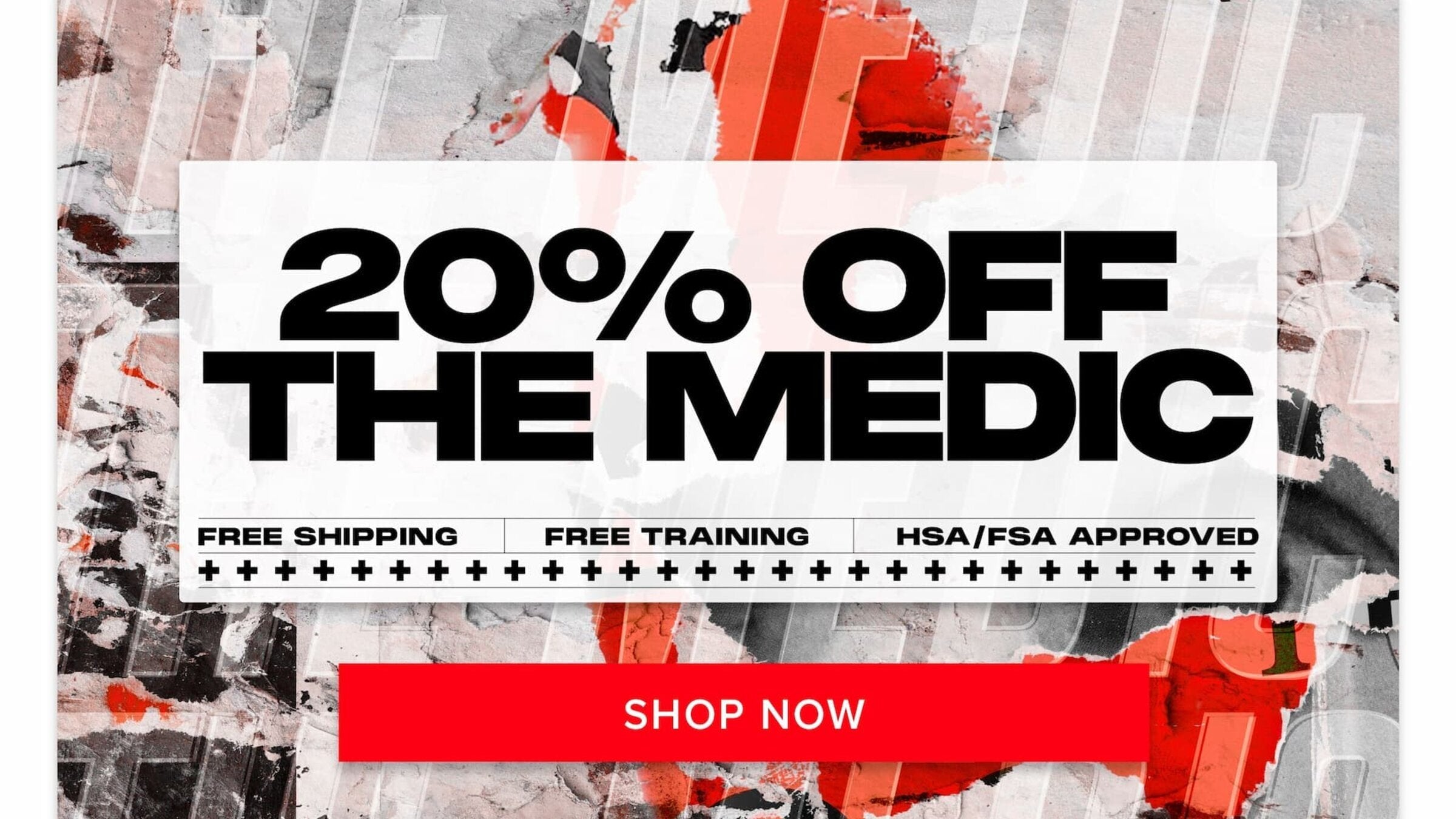 Red My Medic “The Medic” first aid backpack with headline “20% Off The Medic,” highlighting free shipping, free training, and