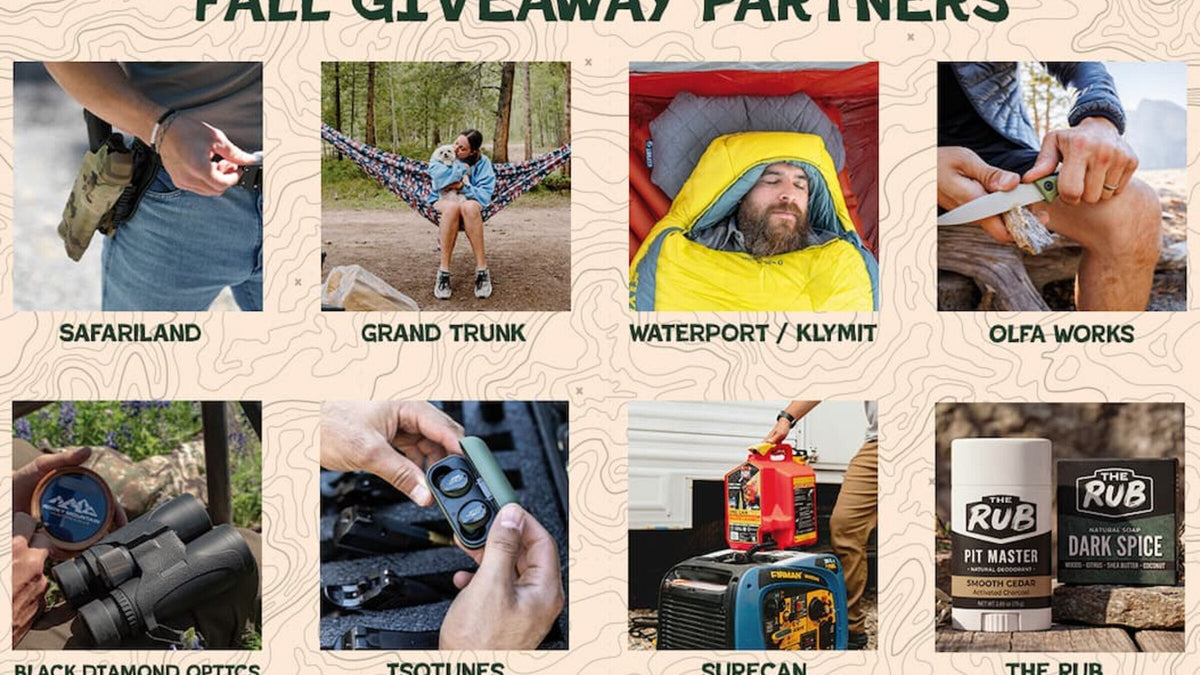 Fall Giveaway Partners graphic featuring SafariLand, Grand Trunk, WaterPORT/Klymit, OLFA Works, Black Diamond Optics, ISOtune