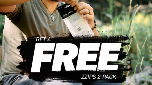 Buy Two ZZIPS 2-Packs, Get One Free. Three My Medic ZZIPS 2-Pack wound closure packages displayed against a distressed black,