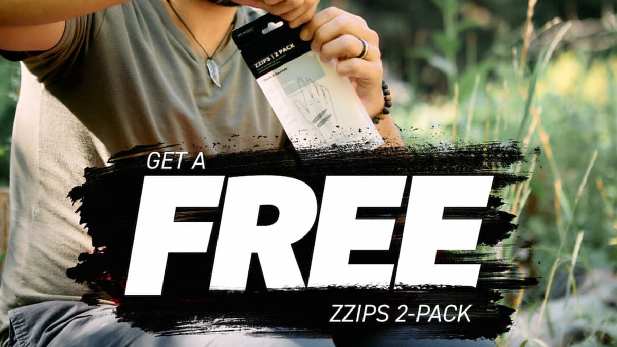 Buy Two ZZIPS 2-Packs, Get One Free. Three My Medic ZZIPS 2-Pack wound closure packages displayed against a distressed black,