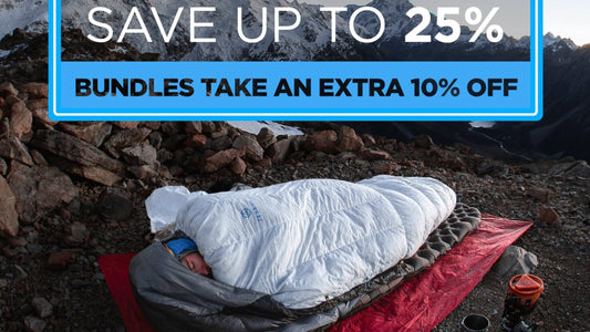 Backpacking sleeping in a Zenbivy bed on top of a mountain - Labor Day Sale graphic above him