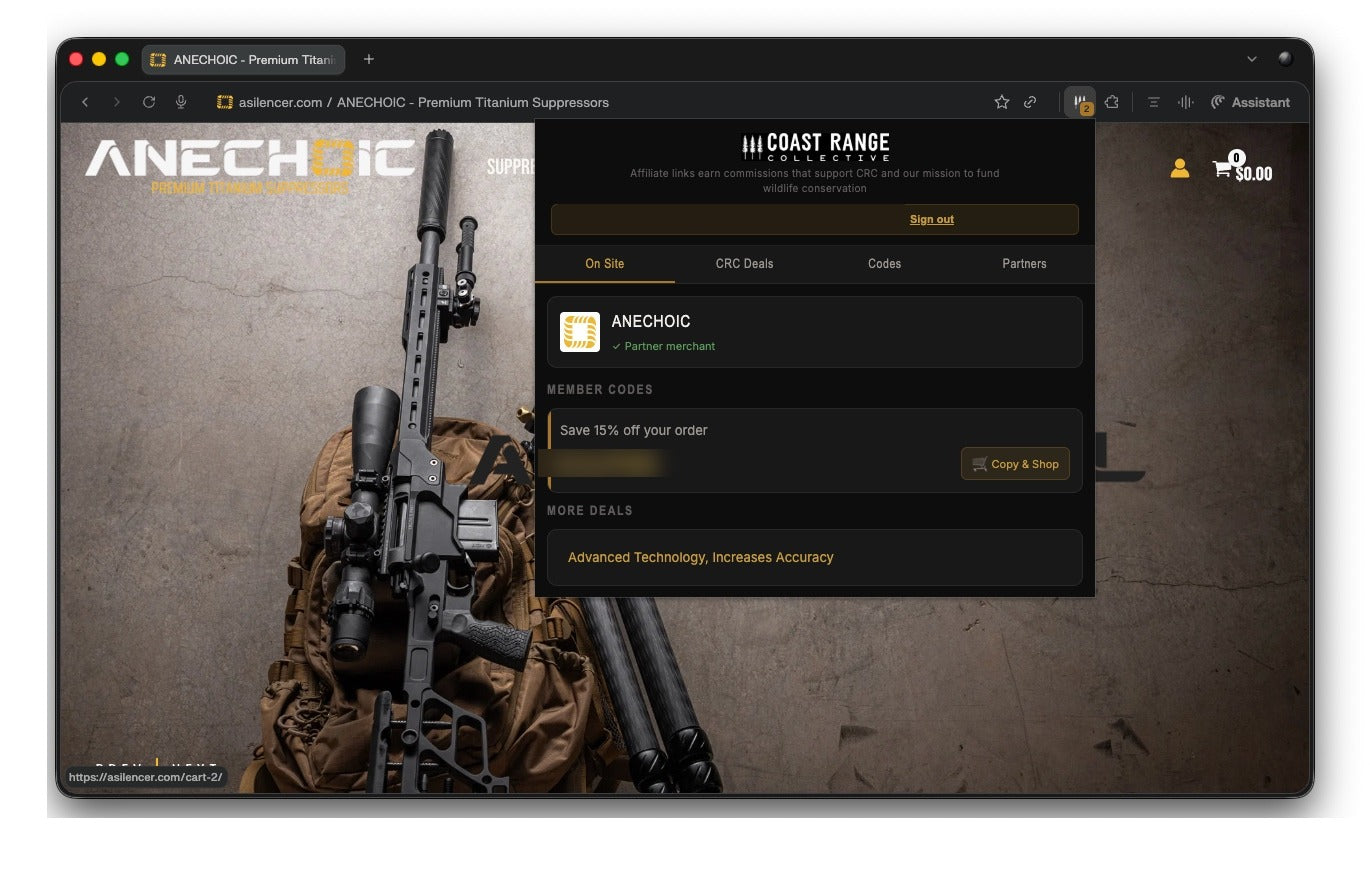 Coast Range Collective extension On Site tab on Anechoic Silencers showing a 15% member code
